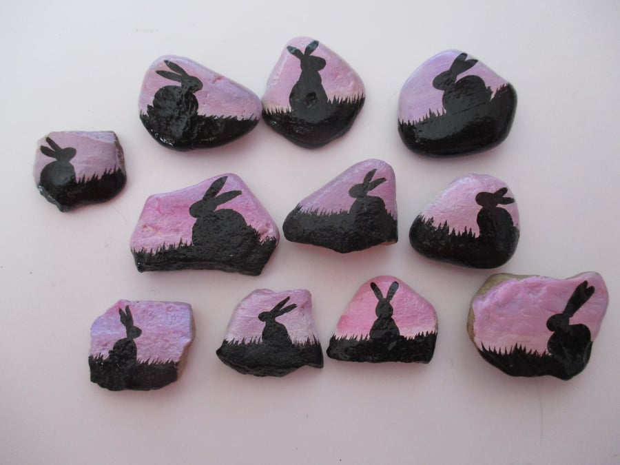 SALE Painted Pebble Bunny Rabbit Silhouette Rock Painting Original Art Set 12
