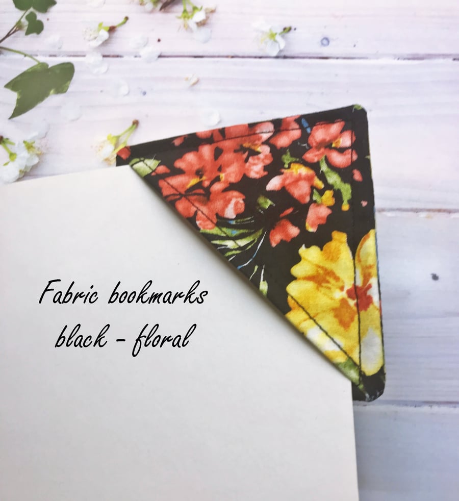 Black Floral Fabric Corner Bookmark,  