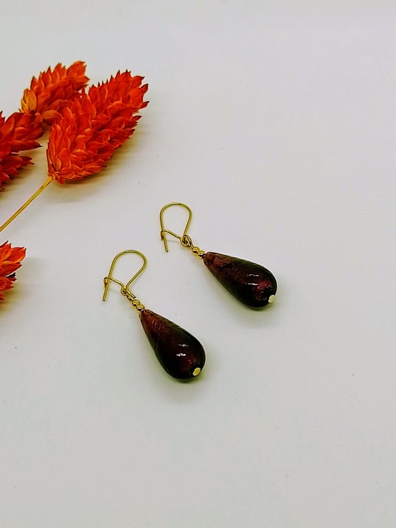 Dark Amethyst Murano Glass Earrings, Silver Foiled, Gold-Filled Beads, Ear Wires