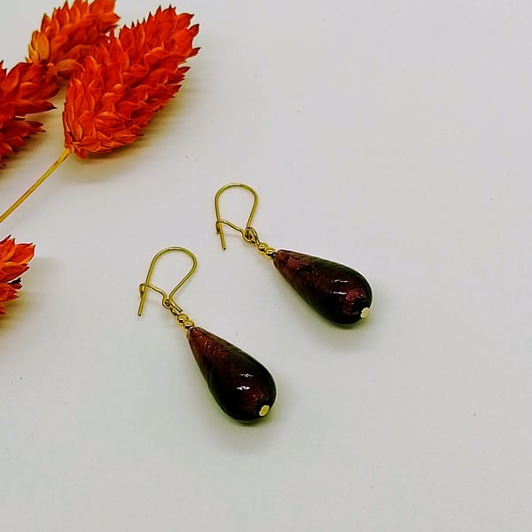 Dark Amethyst Murano Glass Earrings, Silver Foiled, Gold-Filled Beads, Ear Wires