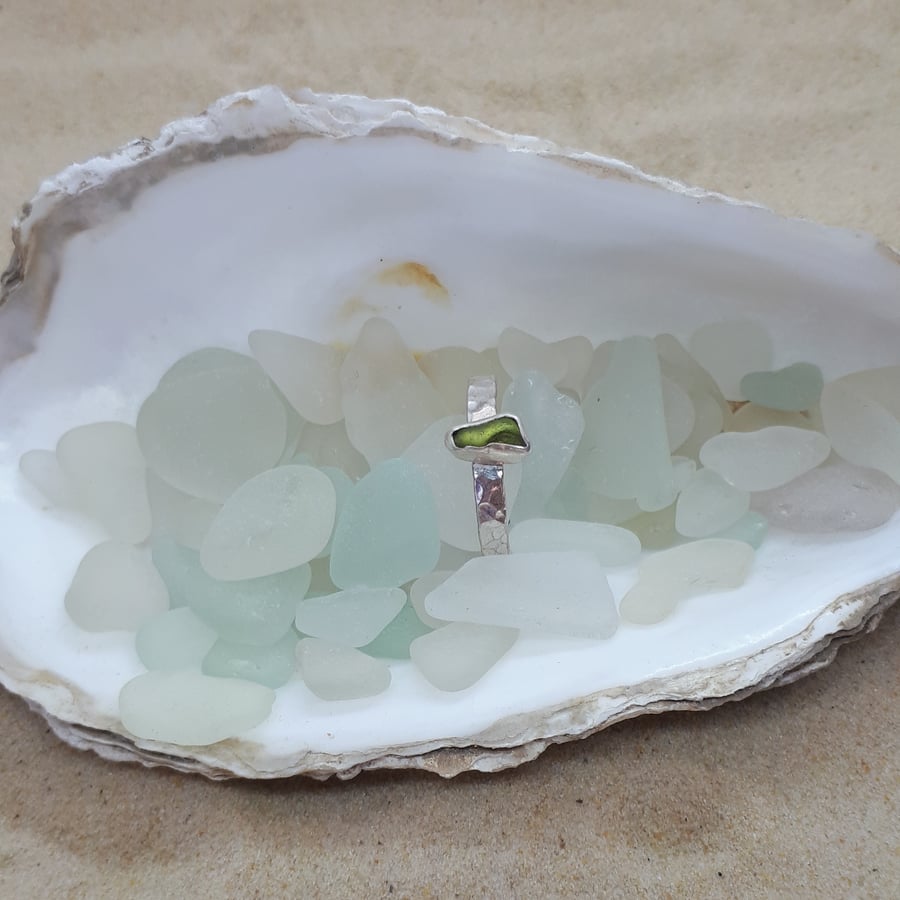 Olive yellow sea glass ring