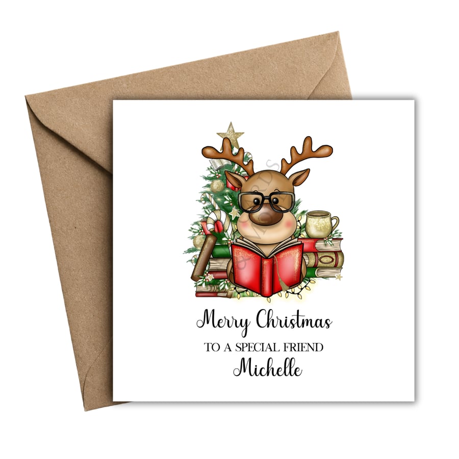 Books Reading Reindeer Merry Christmas Card