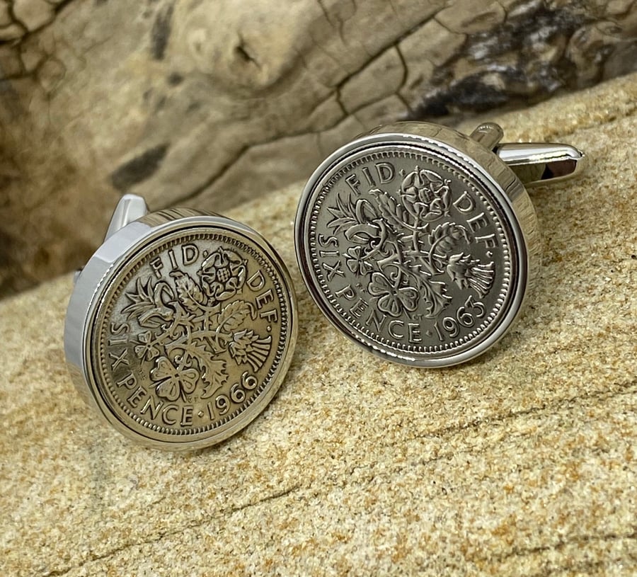 Sixpence Cufflinks, 1947-67 6d Coin Cufflinks Mens 50th 60th 70th Birthday Anniv