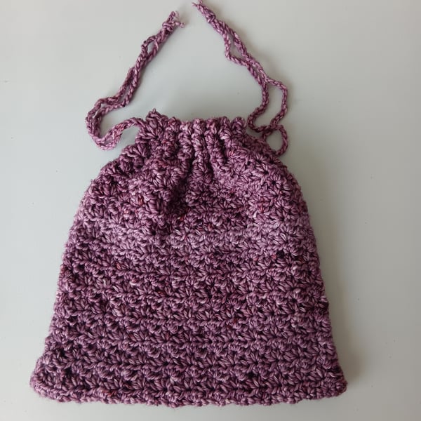 Crochet Drawstring Bag Aubergine Purple - pretty and practical