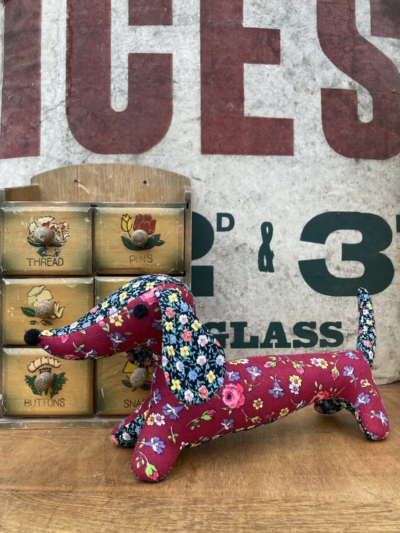 Snossage The Vintage Fabric Sausage Dog.  (Burgundy & Black)