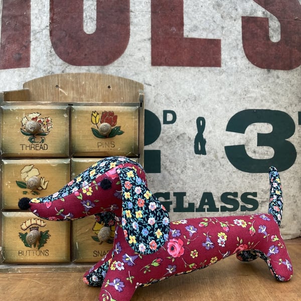 Snossage The Vintage Fabric Sausage Dog.  (Burgundy & Black)