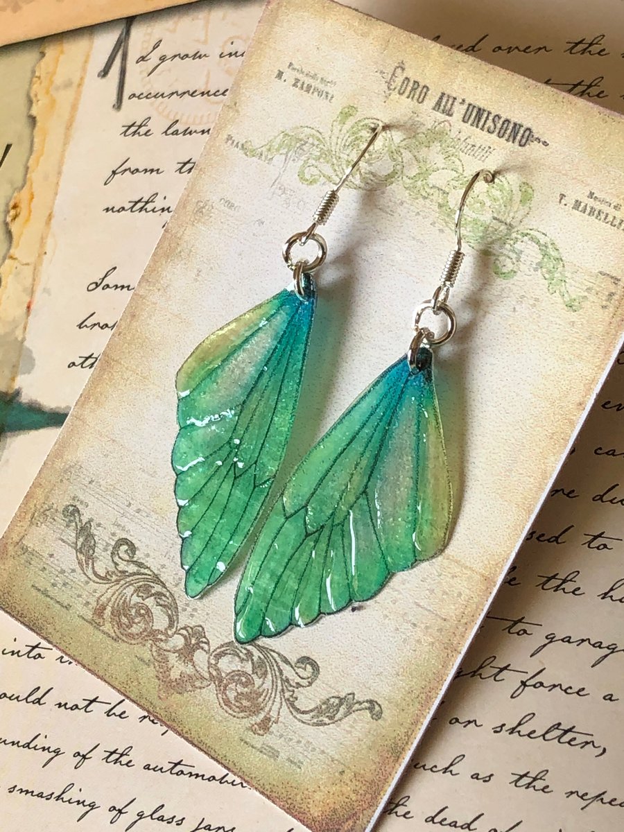Green Lemon and Blue Fairy Wing Sterling Silver Earrings