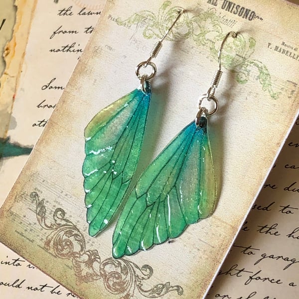 Green Lemon and Blue Fairy Wing Sterling Silver Earrings