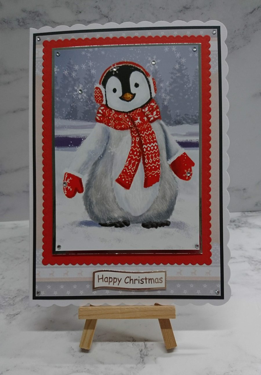 Handmade Christmas Card Cute Penguin Red Scarf Ear Muffs Mittens Snow