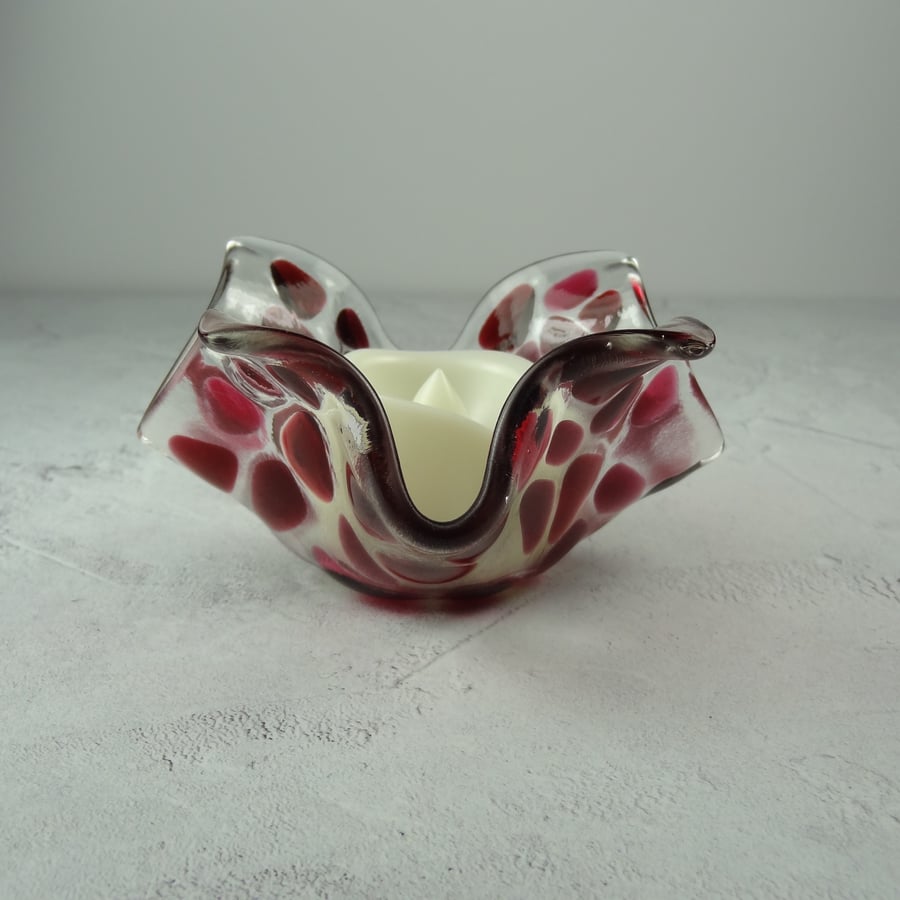 Pink mosaic fused glass tealight holder LED flickering flame battery candle