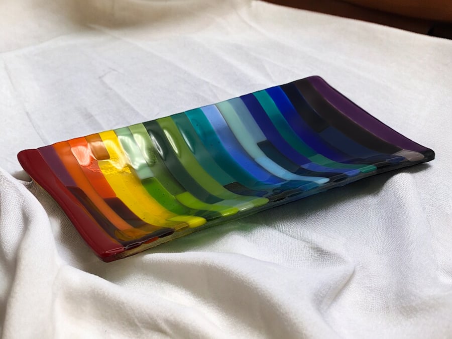 Fused glass patchwork rainbow rectangular dish