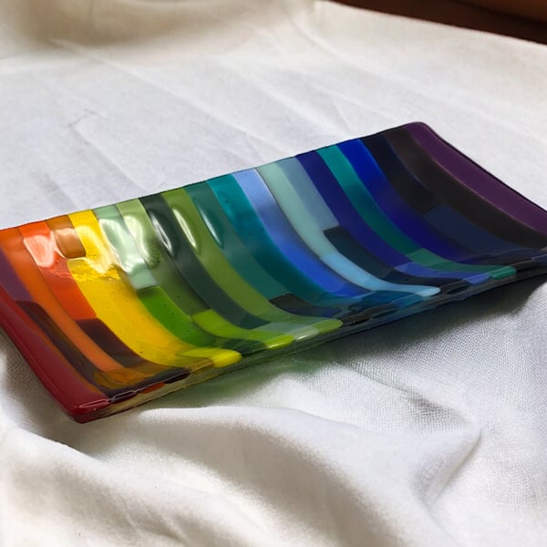 Fused glass patchwork rainbow rectangular dish
