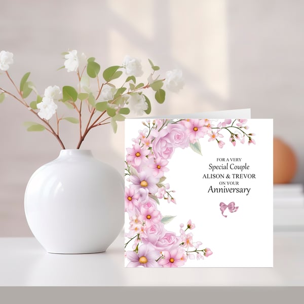 Delicate Pink Blooms Personalised Anniversary Card