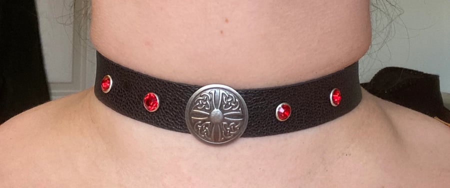 Black leather choker w Celtic Cross Center and 4 Red Gemstones - FREE SHIPPING