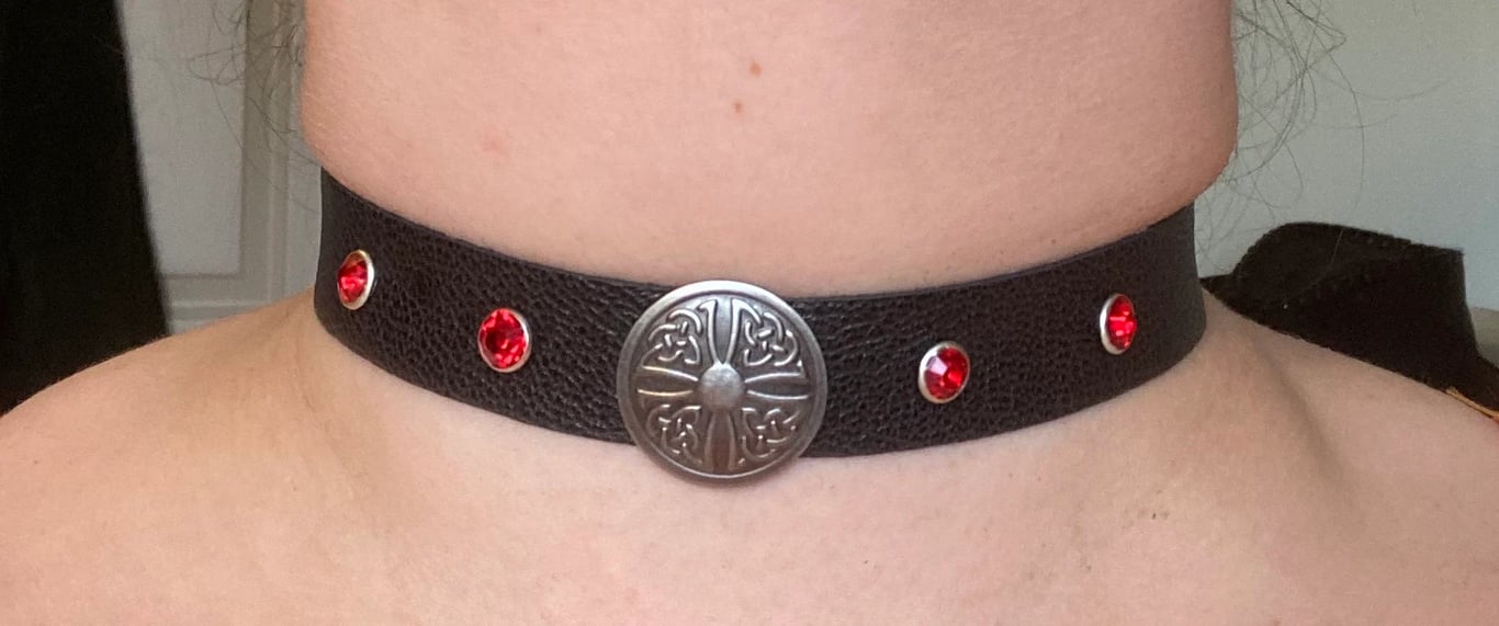 Black leather choker w Celtic Cross Center and 4 Red Gemstones - FREE SHIPPING