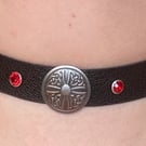 Black leather choker w Celtic Cross Center and 4 Red Gemstones - FREE SHIPPING