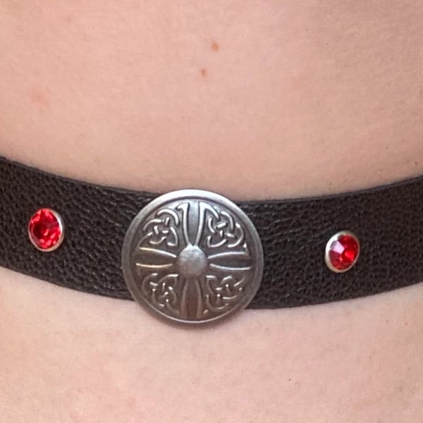 Black leather choker w Celtic Cross Center and 4 Red Gemstones - FREE SHIPPING
