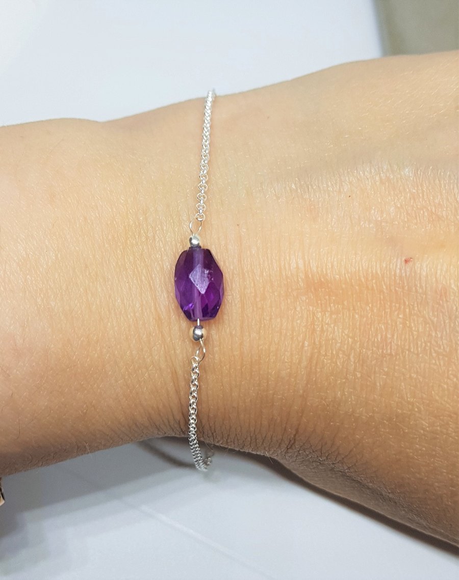 Amethyst and Sterling Silver Bracelet, Silver Jewellery Gift for Her, Faceted Am