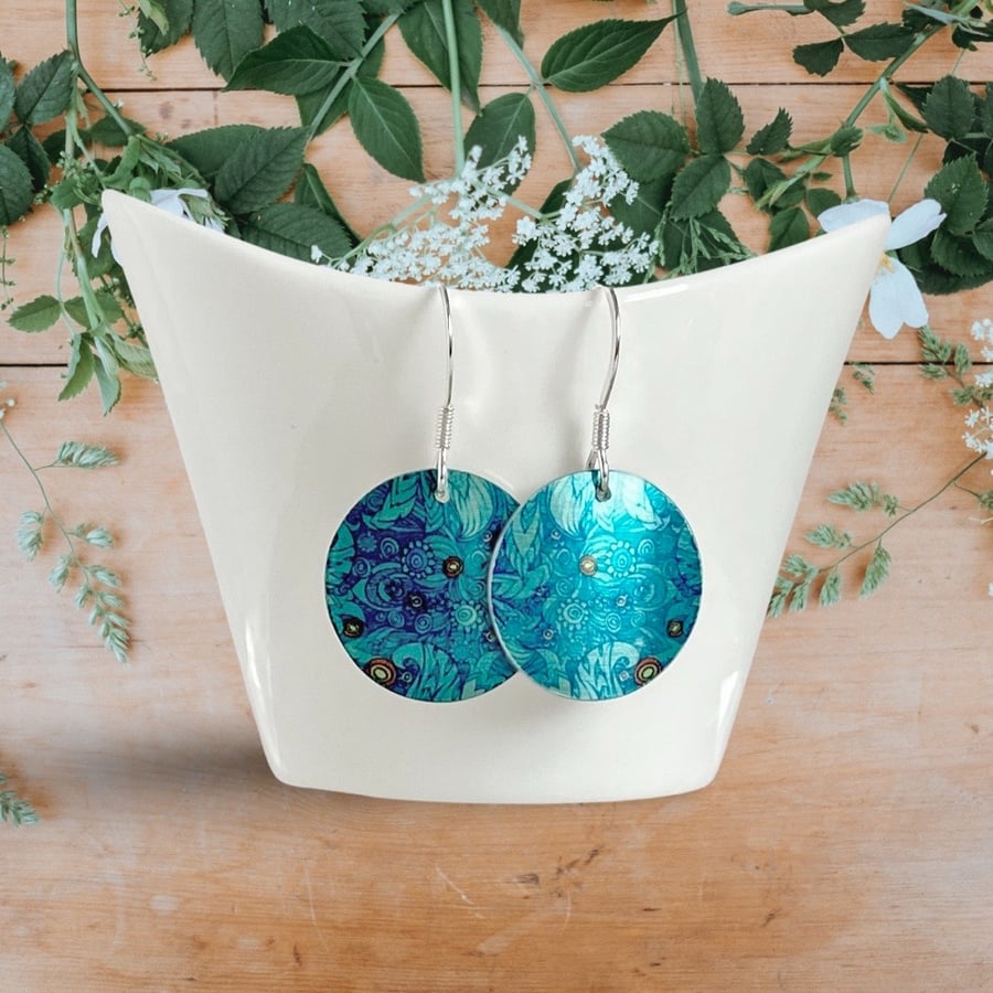 Teal drop earrings, floral discs dangle on sterling silver ear wires (137)