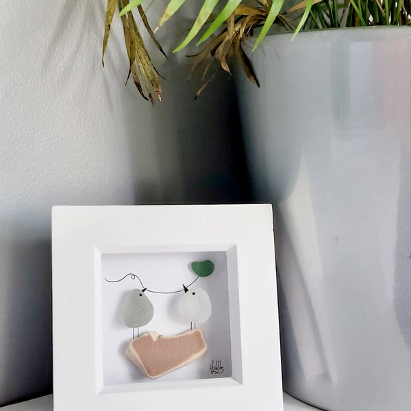 Mini Original Sea Glass Art Picture - Birds on a Pebble, Home Decor, Gifts