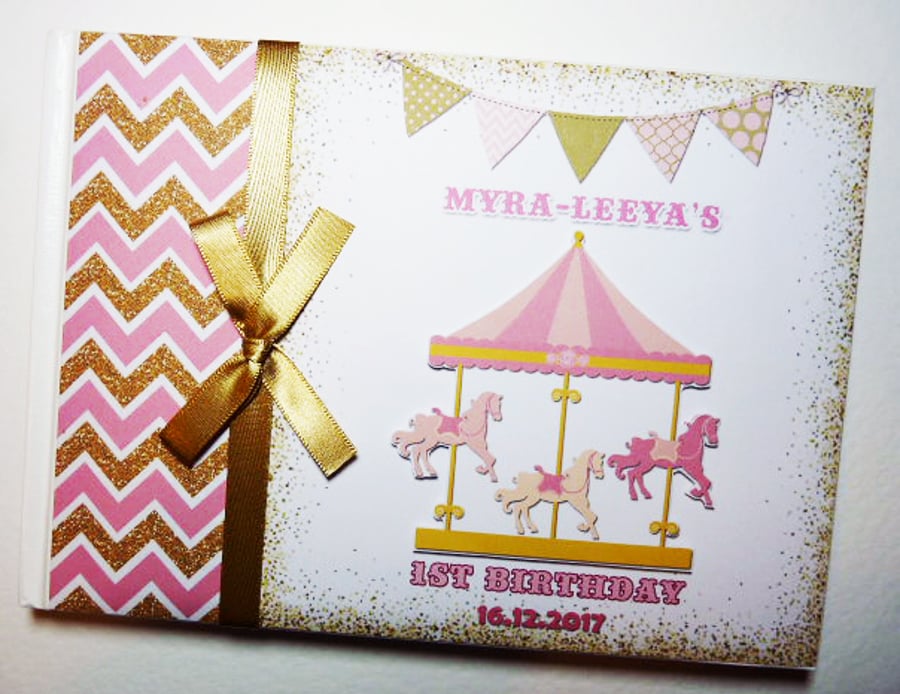Carousel Birthday guest book, Carnival guest book, pink and gold carousel