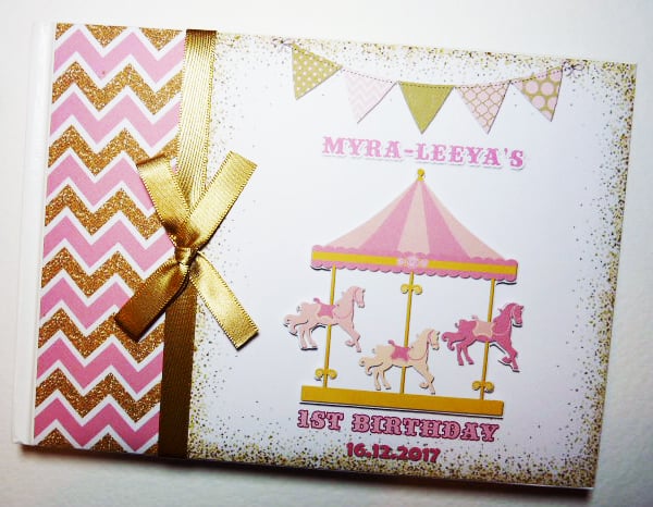 Carousel Birthday guest book, Carnival guest book, pink and gold carousel