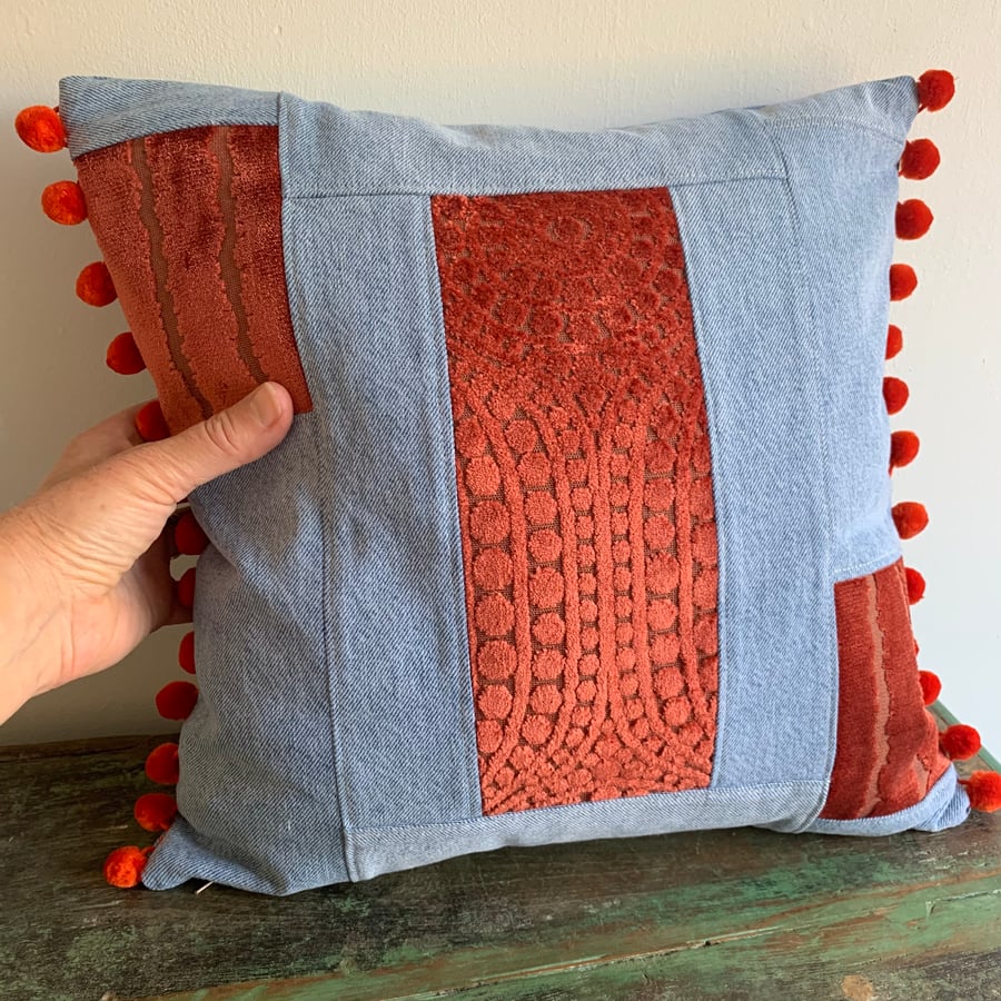 Reclaimed denim and textured chenille cushion cover