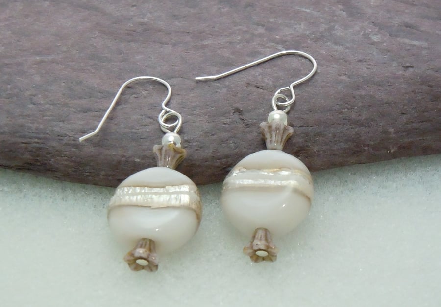 Sterling silver Lampwork glass silver foil & Czech glass bead earrings