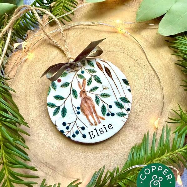Personalised Christmas Rabbit Ornament - Woodland Christmas Decoration