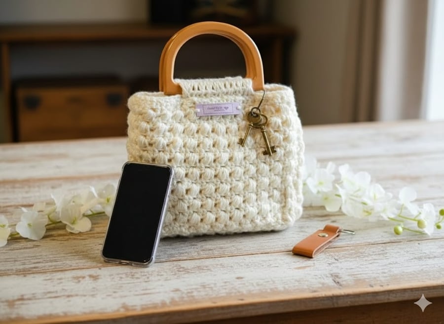 Handmade Crochet Tote Bag - Cream Boho Puff Stitch Purse with Resin Handles