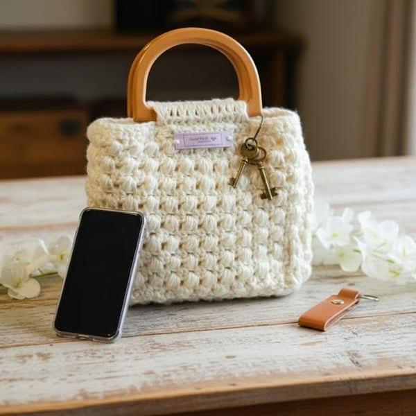 Handmade Crochet Tote Bag - Cream Boho Puff Stitch Purse with Resin Handles