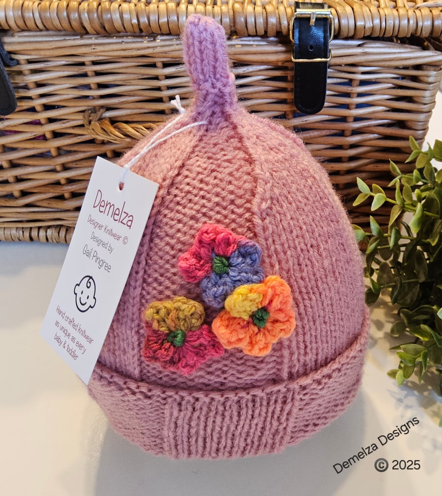 Designer Baby Girl's Flower Hand Knitted Hat  with Marino Wool 1-2 years 