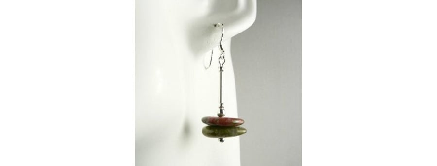 Unakite natural stone drop earrings, sterling silver, green pink-ish, gift box