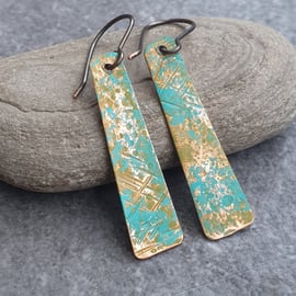 Short copper verdigris earrings, Green copper, Rustic jewellery, 7th anniversary