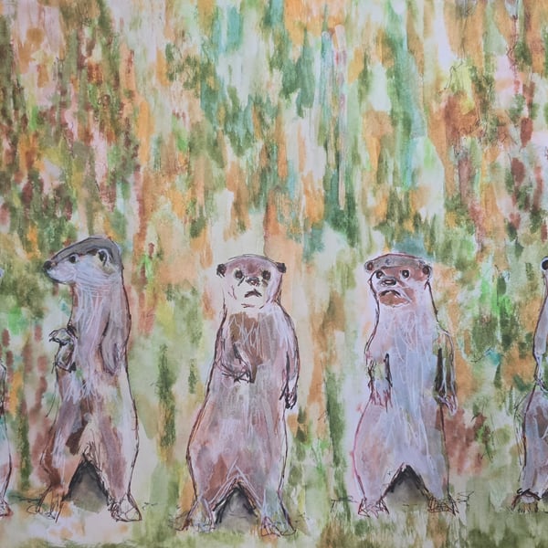 Otters frolicking - A3 original piece 