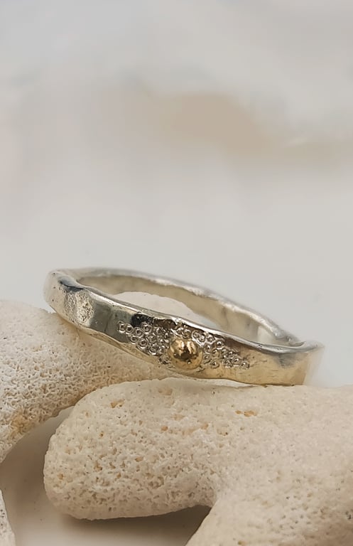 Sterling Silver Organic Ring with 9ct Gold Granule, Mixed Metal Ring - Size N