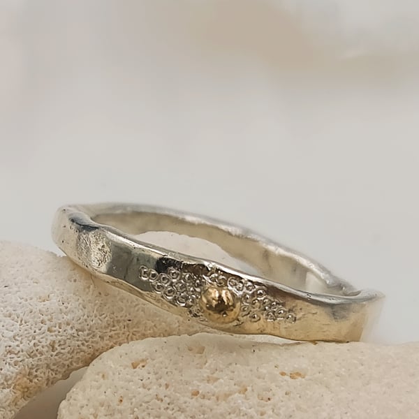 Sterling Silver Organic Ring with 9ct Gold Granule, Mixed Metal Ring - Size N