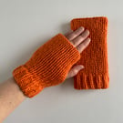 Orange Knitted Fingerless Gloves, handmade wrist warmers