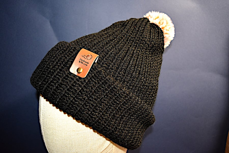 Handcrafted Hat with Faux Rabbit Fur Pompom Black Arran Orange.White Pompom