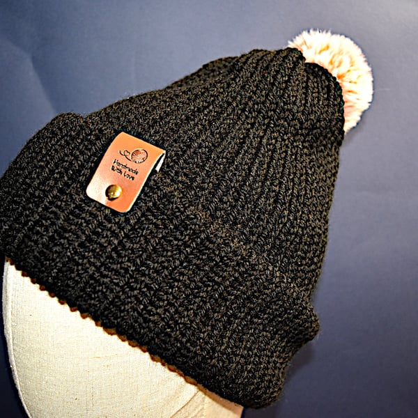 Handcrafted Hat with Faux Rabbit Fur Pompom Black Arran Orange.White Pompom