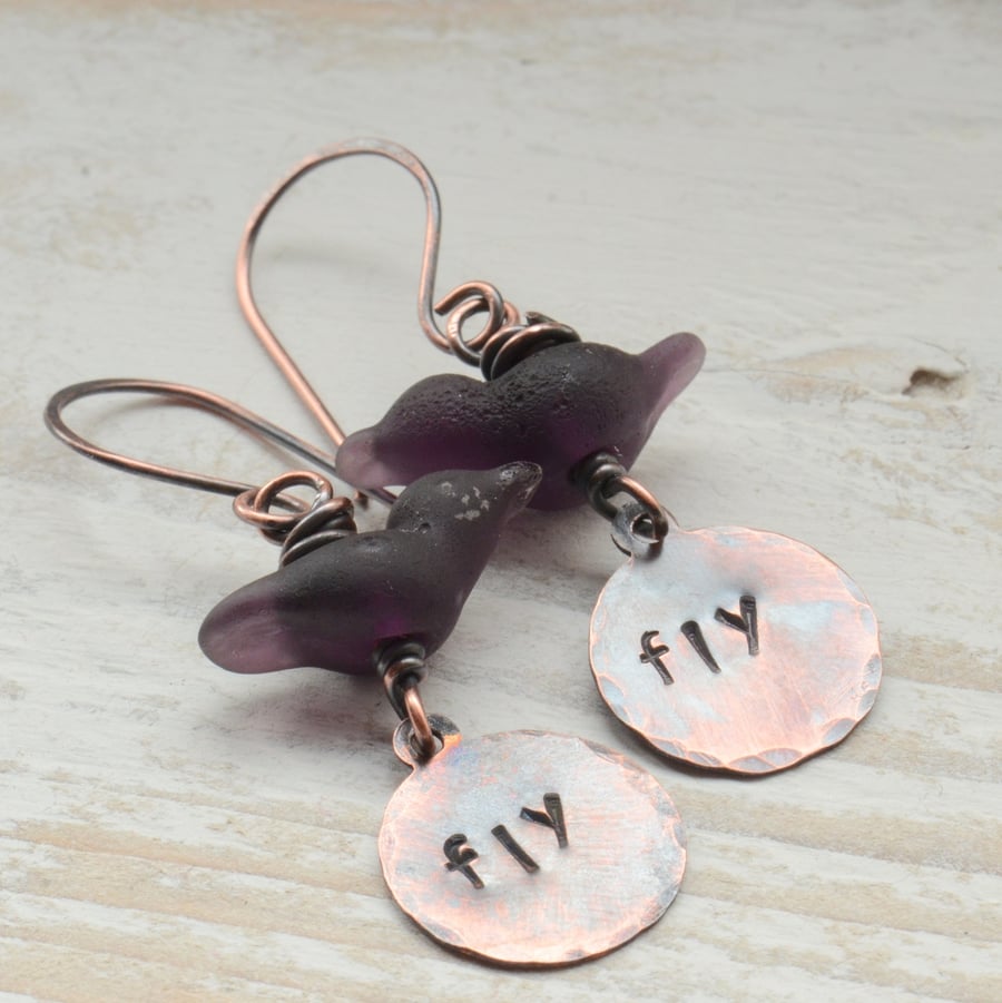 Deep Purple Lampwork Bird Copper Earrings with Fly Copper Discs