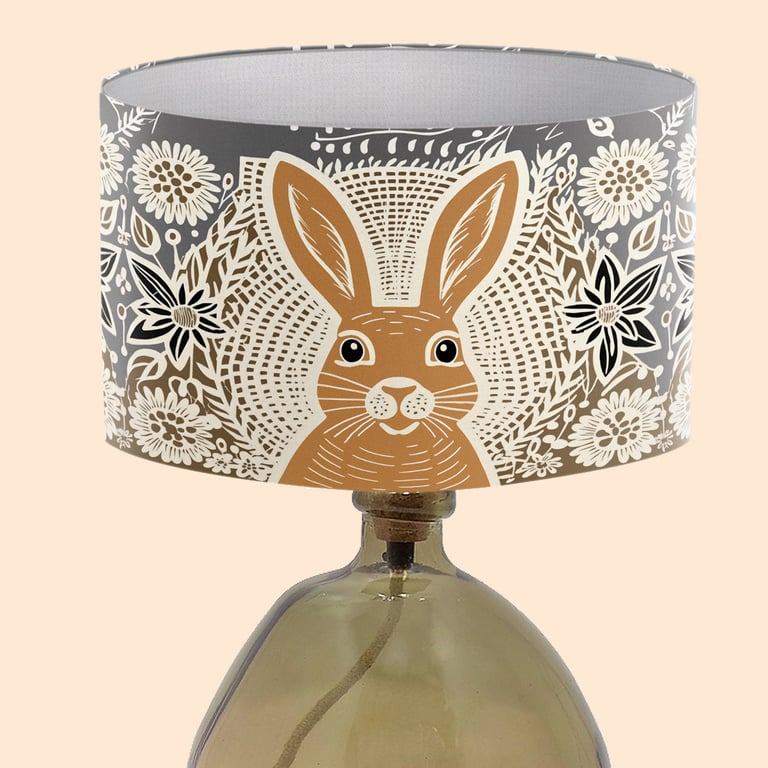 Lino Print Rabbit Lampshade - Grey Burnt Orange Rabbit Print Lampshade 
