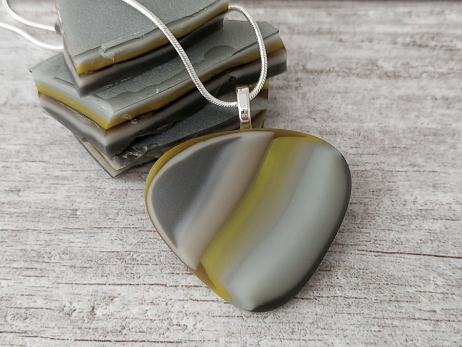 Grey and Yellow Glass Pebble Pendant 3