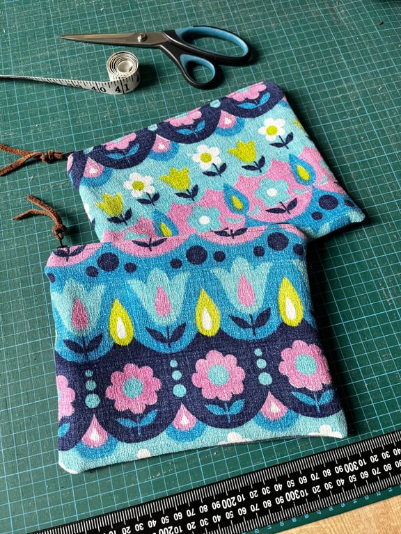 Vintage barkcloth zip pouch with reclaimed denim back and gingham lining