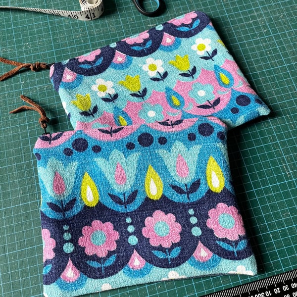 Vintage barkcloth zip pouch with reclaimed denim back and gingham lining