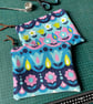 Vintage barkcloth zip pouch with reclaimed denim back and gingham lining