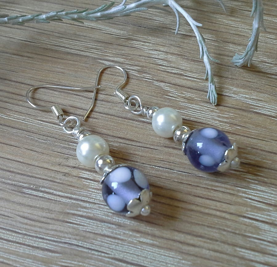 Pretty Lamp work Glass Bead & Shell Pearl Silver Plated Earrings