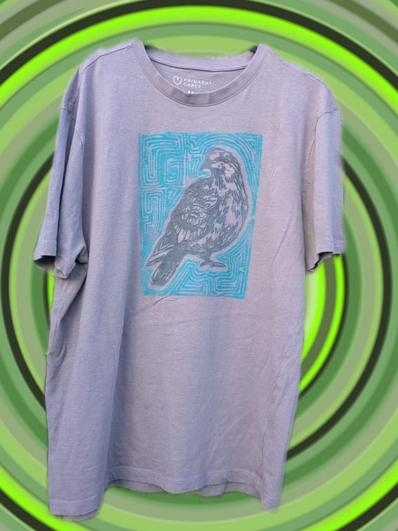 upcycled lino print unique pigeon t-shirt sized medium