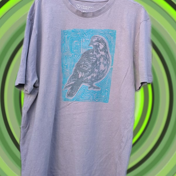 upcycled lino print unique pigeon t-shirt sized medium