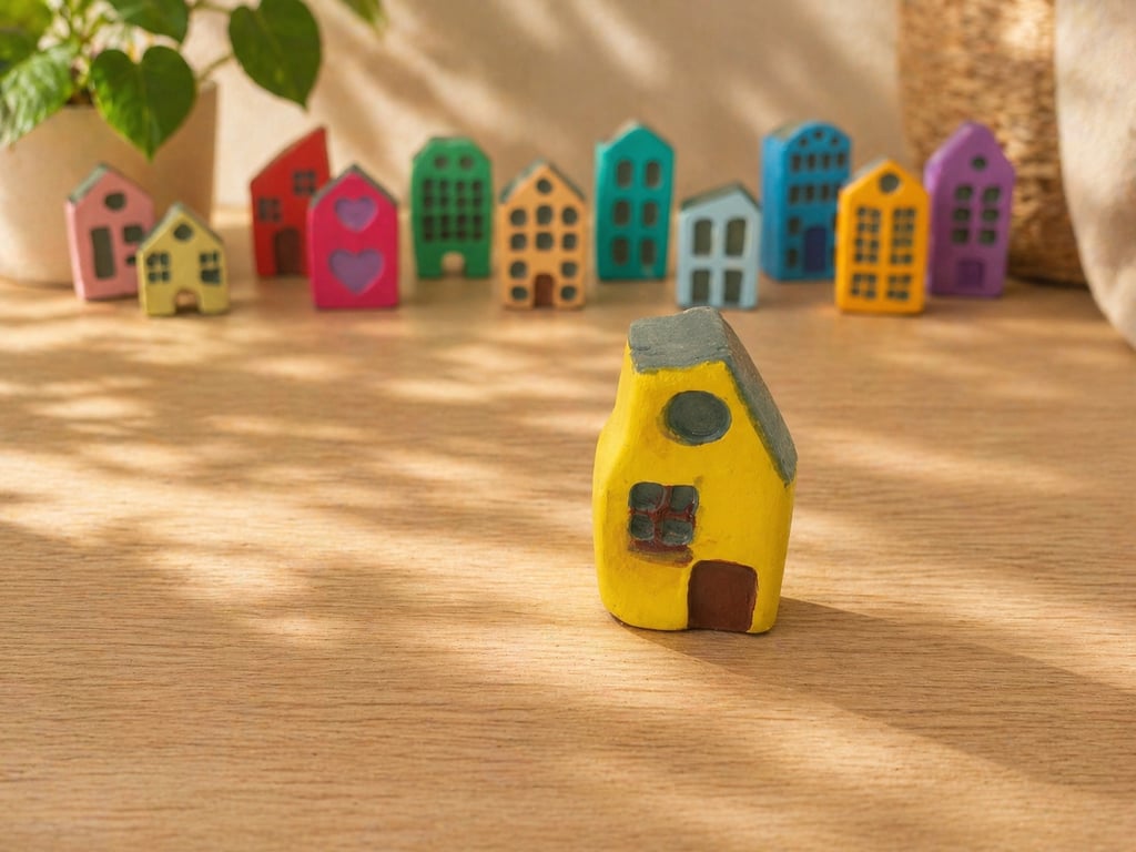 Handmade Mini Clay House - Yellow Painted Village Decor